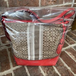 COACH monogram bucket bag red cream brown